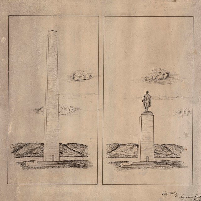 Sketch of proposed Washington Monument with statue on top