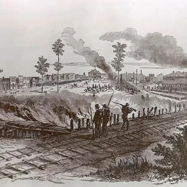 Sketch by Henry Lovie of the retreat of the Confederates from Corinth, Miss.