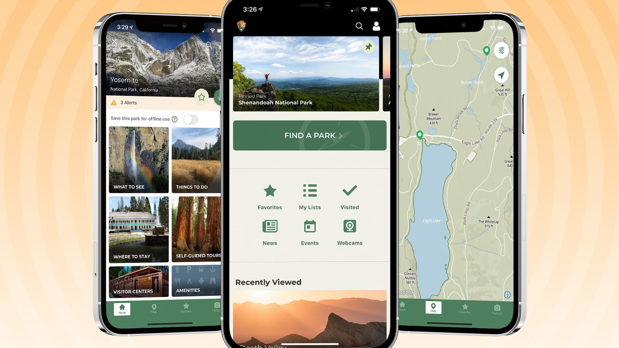 picture of the NPS app on 3 cell phones
