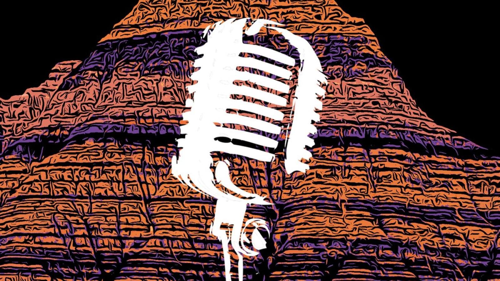 stylized multicolor Badlands formations with a superimposed image of a white microphone.