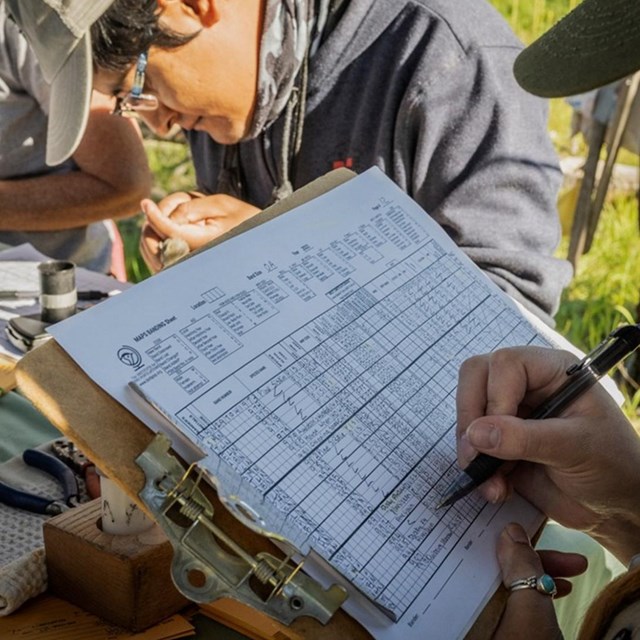 A woman fills out a clipboard while two men work over a table.