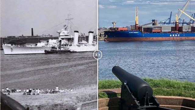 Modern/Historic image comparison of embankment of fort with cannons compared to modern image