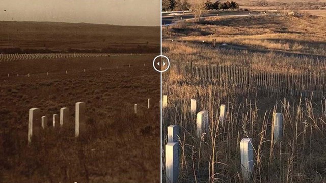 Comparison of modern/historic photos of grassy field with marble uniform military headstones