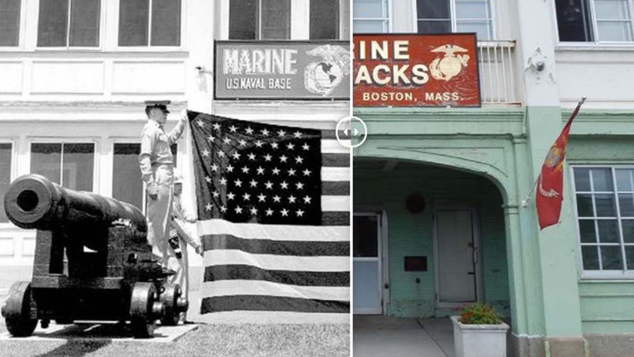 Comparison of modern/historic photos of entrance to Marine Barracks in Charlestown Navy Yard