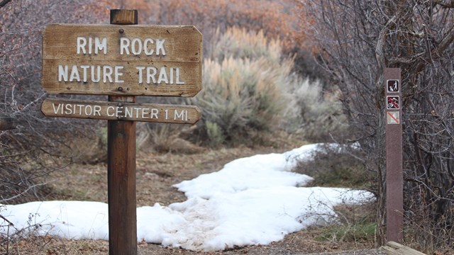 A wooden trail sign with white lettering in front of a trail with some snow