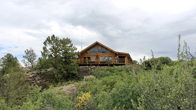 A wooden cabin style building with glass windows in front of vegetation