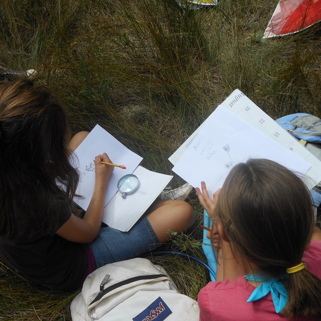 A group of students sitting on the ground and completing worksheets