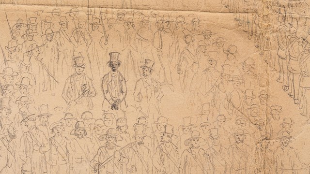 Sketch of a Black man in shackles surrounded by scores of white guards