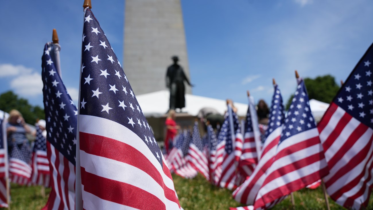 Rows of flags planted in the ground with Prescott Statue and Bunker Hill Monument in the background.