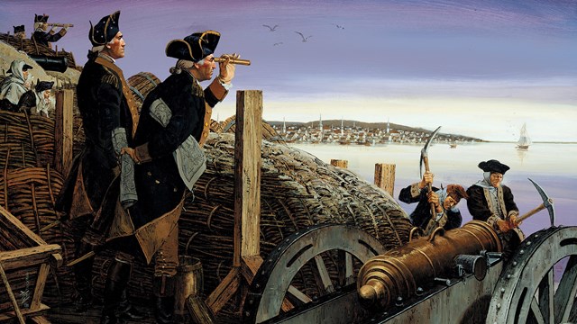 Illustration of Continental soldiers and officers in a fortification overlooking a harbor.