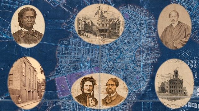 Map with cameo images in sepia tone of individuals and buildings.