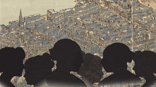 Silhouettes of women against a 19th century bird's eye view of a city.