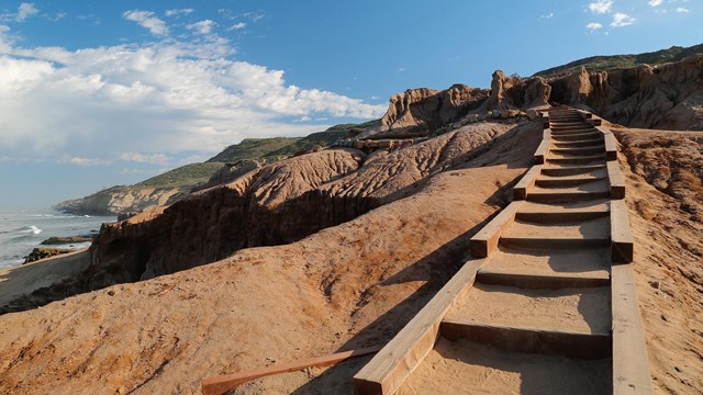 Wooden stairs stretch up a tan, sandy hillside with green cliffs and ocean in the distance