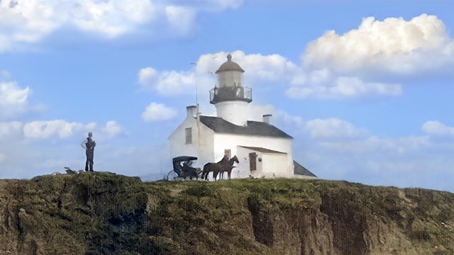 A colorized historic photo of the Old Point Loma Lighthouse. 