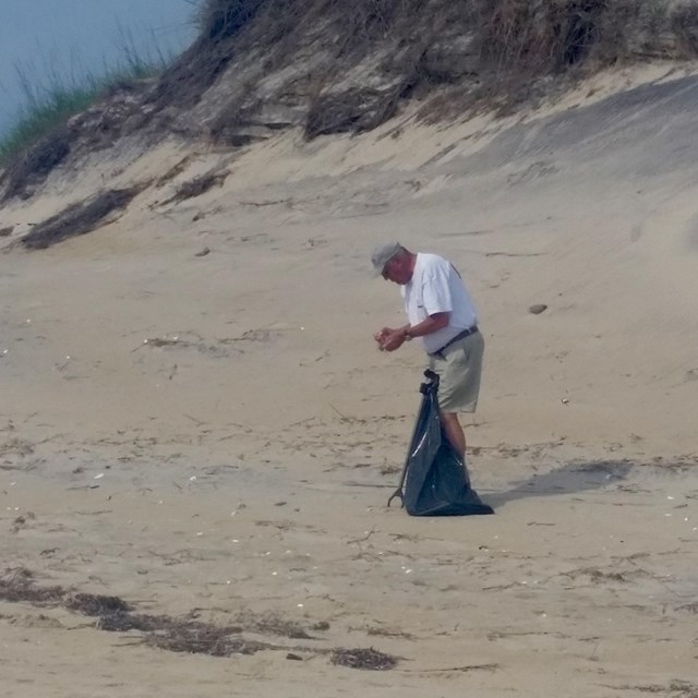 Volunteer removing trash on the beach