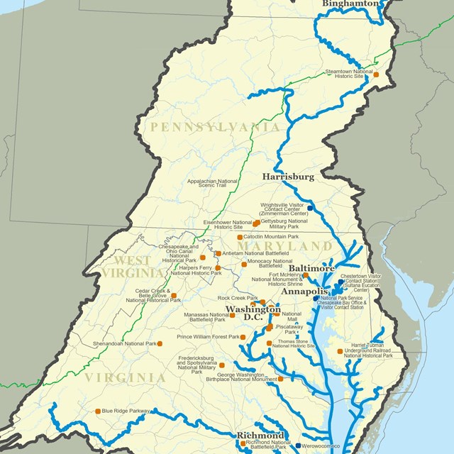 A map of the Chesapeake National Historic Trail with selected locations marked. 