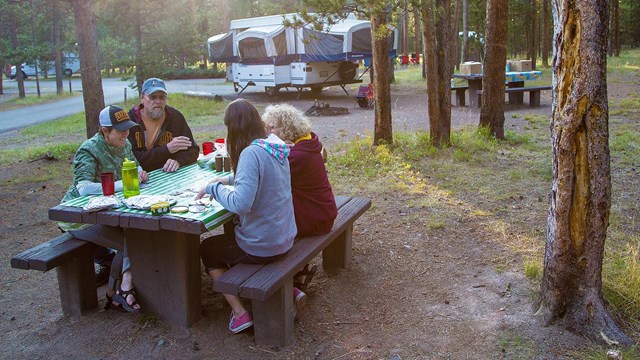 Four people set at a picnic table