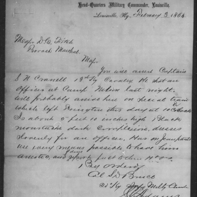 US Army message ordering arrest of an officer for a February 1864 murder at Camp Nelson.