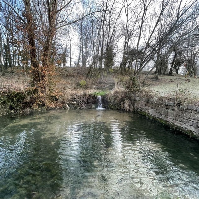 A spring of water with fields and trees in the background.