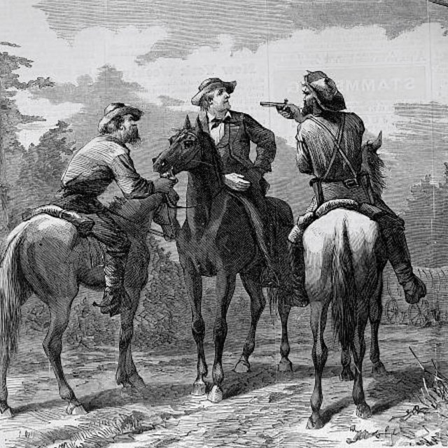 Sketch of two armed men on horseback robbing a civilian on horseback at gunpoint.