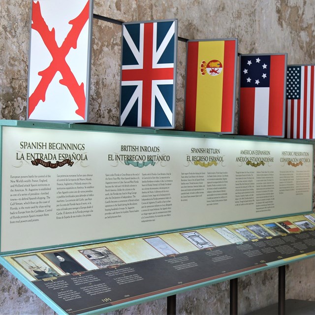 Exhibit pane with text and flags in fort's casemate. 
