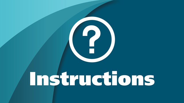 A white question mark in a circle, the text "instructions" in white on a blue background.