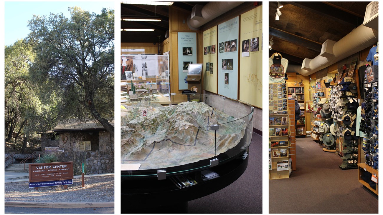 3 photos - exterior or stone building with sign, 3D maps in front of exhibits, retail store