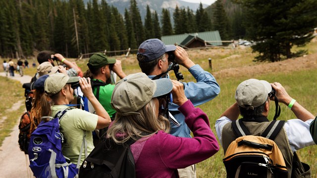 A group of people look out through binoculars