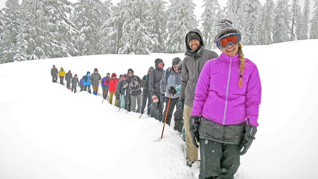 Visitors on snowshoes standing in a line in the snow.