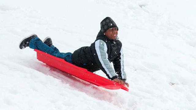 Kid sledding on snow