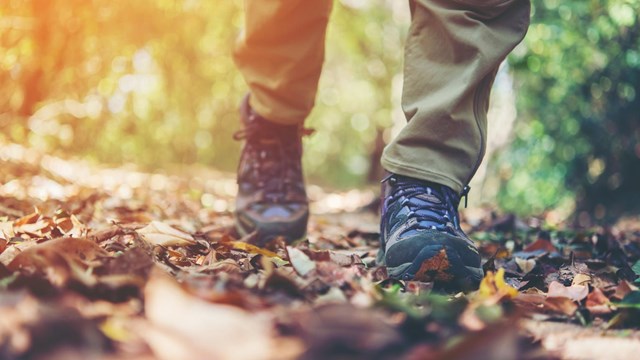 A close up of a hiker's boots walking 