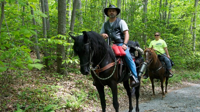 A man on a black horse and a woman on a brown horse.