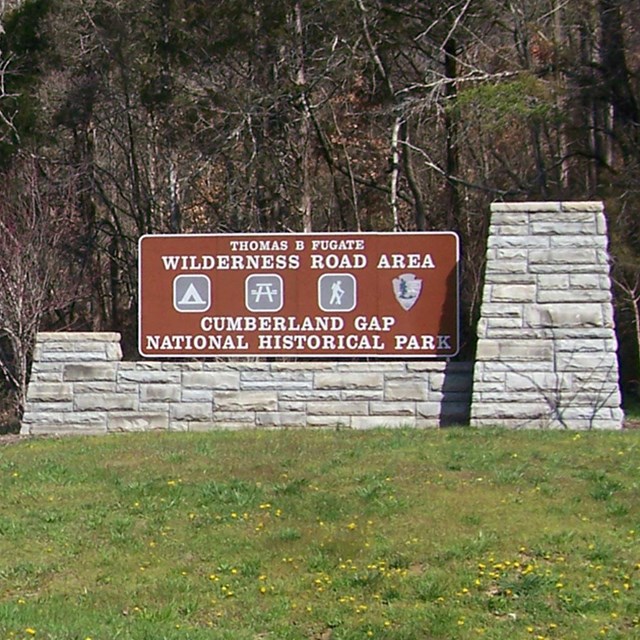 Brown sign along road with a mountain in the background. The sign reads Wilderness Road Area.