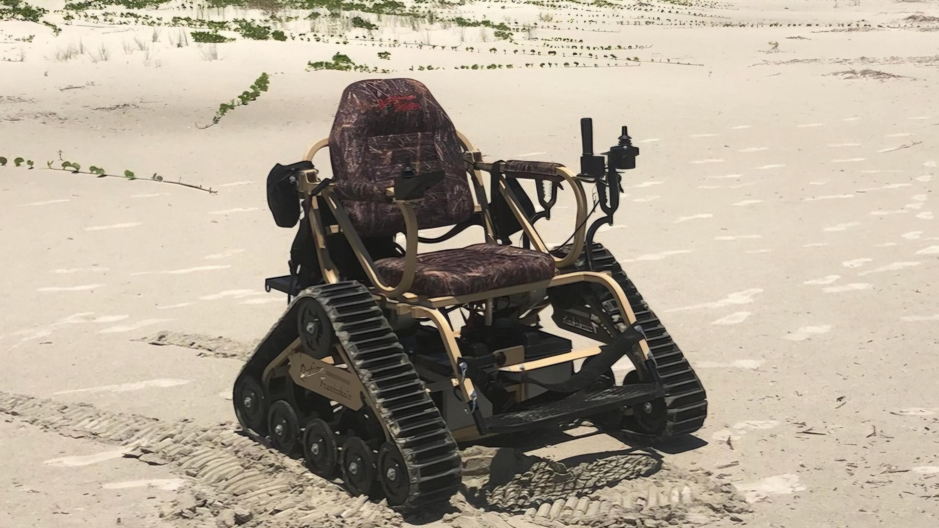 Cartoon drawing of an electric wheelchair with treads instead of wheels words 