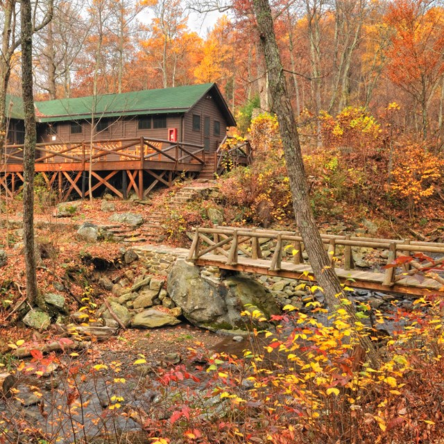 A rustic camp in a wooded area with a wooden bridge, stone steps. Deciduous trees have fall foliage.