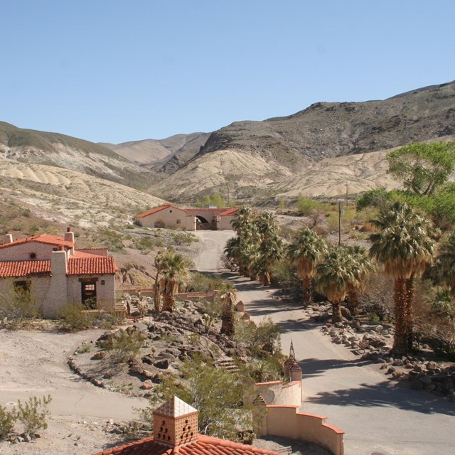 Palm trees and rocks line a driveway in a dry landscape, between structures with terra cotta roofs 
