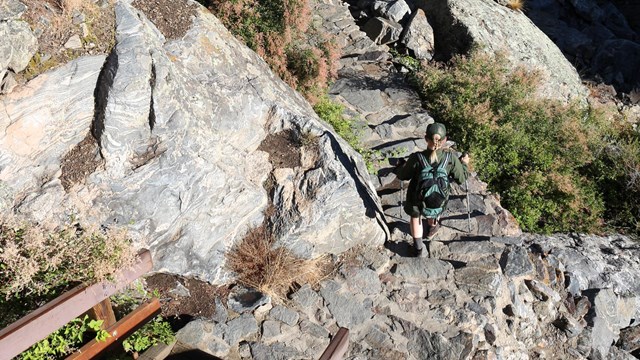 A photo of one person with hiking poles going down wooden stairs to stone steps
