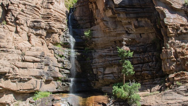 A small waterfall cascading from steep canyon cliffs