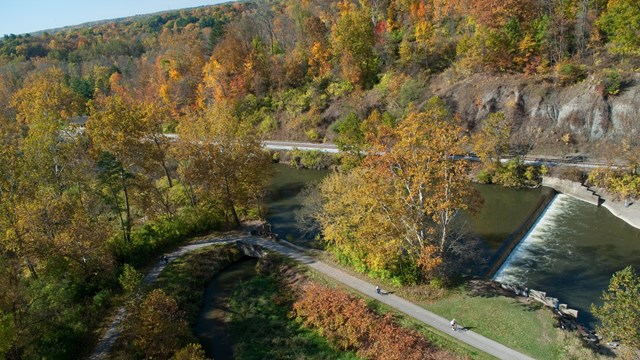 The Canal Diversion Dam viewed from above during the fall.