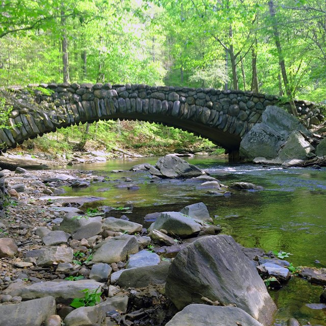 A stone bridge arches over Rock Creek