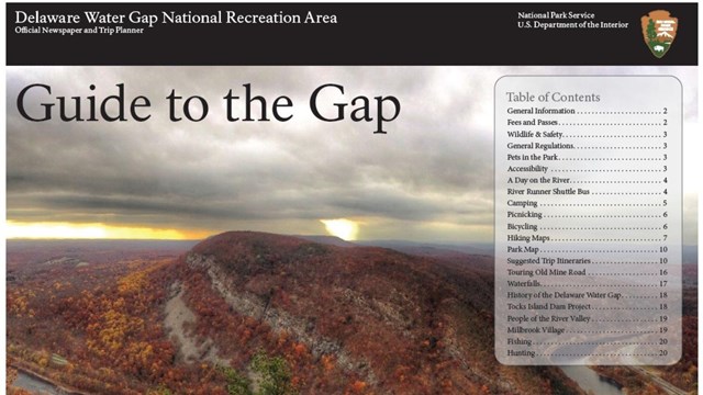 Guide to the Gap park newspaper cover with an image of the Delaware Water Gap in autumn.