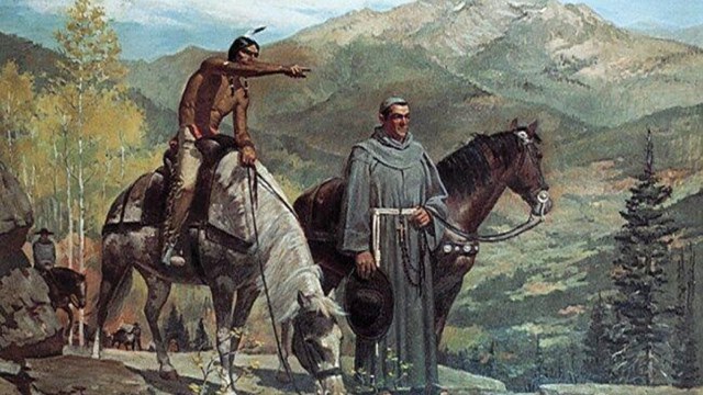 A painting of a Native man sitting on a horse with a man in a gray robe standing beside him. 