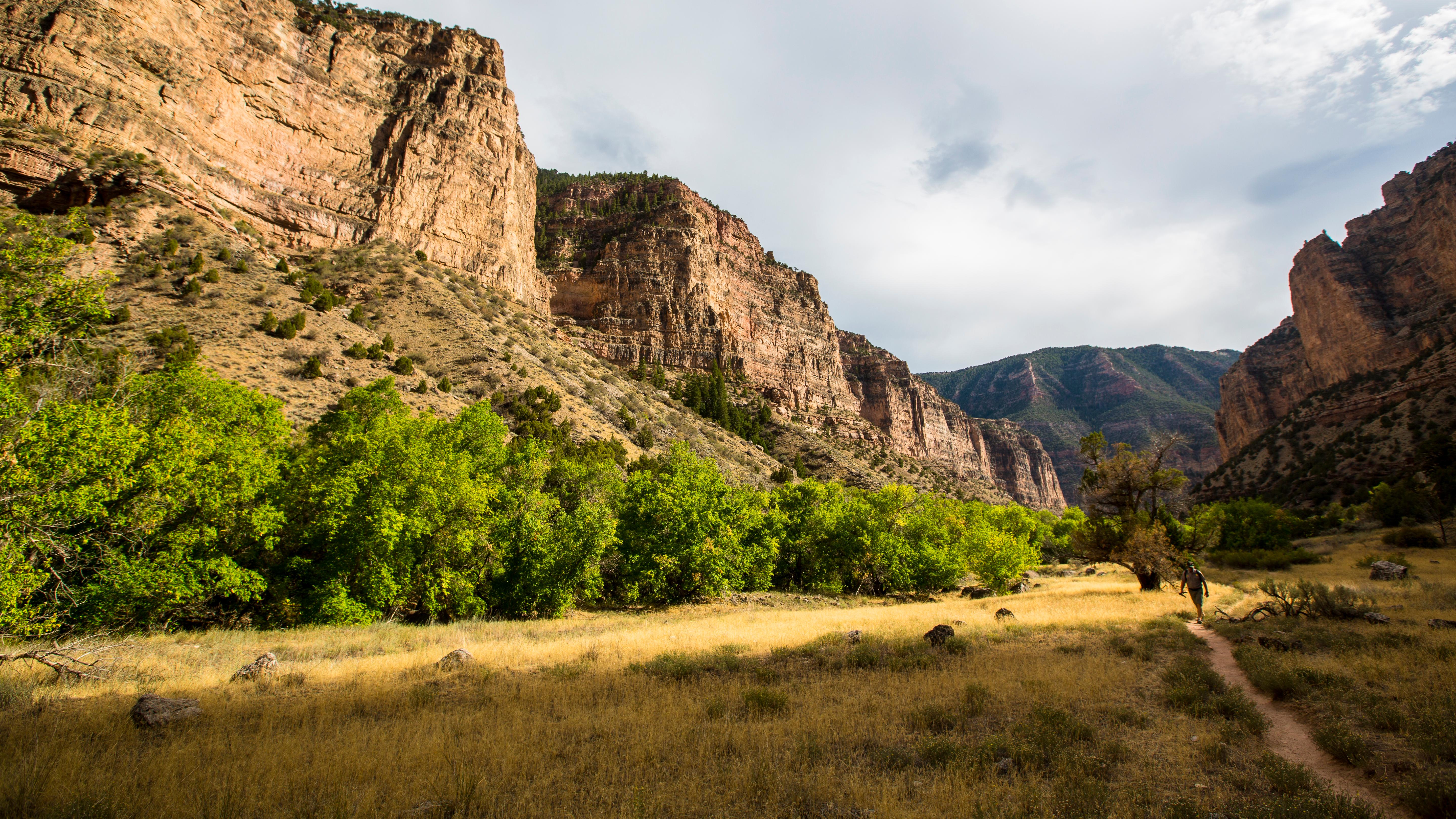 A hiker on a trail surrounded by towering cliffs