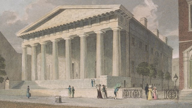 Color engraving showing pedestrians on the sidewalk in front of a Greek revival style building.