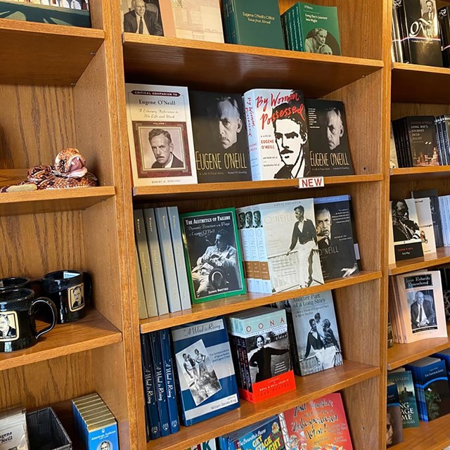 Various books and coffee mugs on a bookshelf.