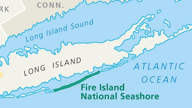 An area map of Fire Island National Seashore with Long Island and New York City displayed.