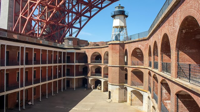 Courtyard of Fort Point and lighthouse on the top story