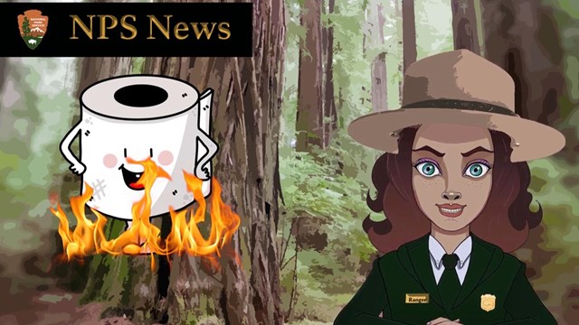 Animated character of a national park ranger as a news anchor with a graphic of burning toilet paper