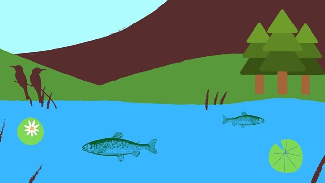 In a lake are fish with lily pads and birds on top of grass. A forest and volcano are in the back. 