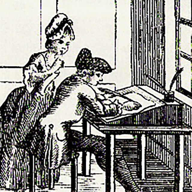 Sketch of mann sitting at desk writing, woman stands looking over his shoulder.